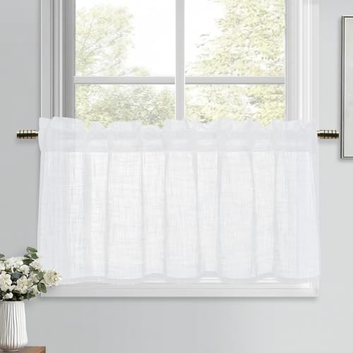 DWCN Vita fönstergardiner linneutseende gardiner halvtransparenta gardiner kort 1 st H 45 x 120 cm, moderna fönstergardiner för köksgardiner, husvagn, skåpgardin, vardagsrum, bistrogardin, lantställe