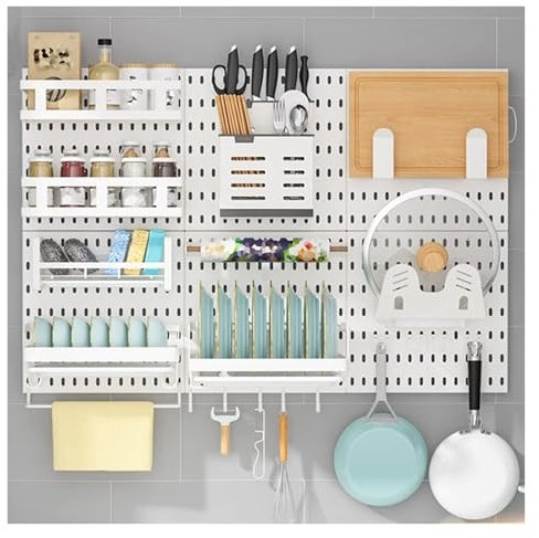 Générique Kit d'organisation Murale Polyvalente en Panneau perforé - Panneau de Rangement en métal avec Accessoires pour Atelier, Garage, Cuisine et Bureau - Solution d'affichage Murale