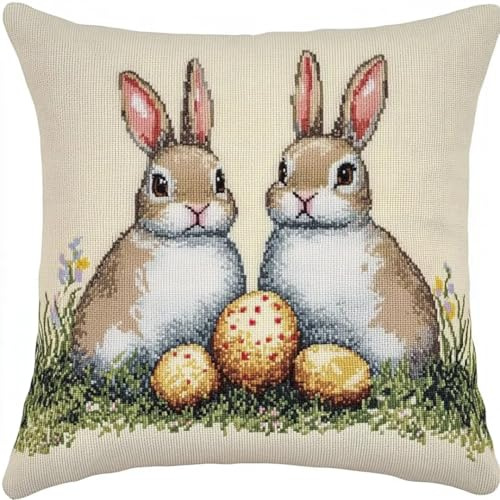 ANSIWEIGO Rabbit Latch Hook Kits for Adults Cushion,Easter Egg Pattern Sofa Cushion Cover Latch Hook,Embroidery Crafting Pillow Cover Latch Hook Pillowcase 17x 17 in