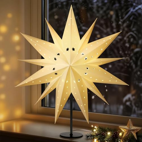 Lewondr 3D Stella Di Natale Da Tavolo In Carta, 17,72 Stella Di Natale A 13 Punte Illuminata Con Lampadina LED E14, Decorazione Luminosa Da Tavolo Natalizia Con Base In Ferro Per Le Vacanze In Casa