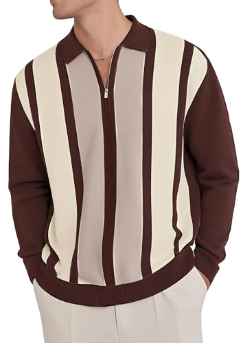 Polo de punto para hombre, a la moda, vintage, a rayas, para golf, ligera, informal, manga larga, tallas M-3XL, marrón, XL