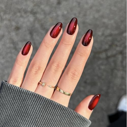 Nymora 24 Stück Press on Nails Almond Schwarz Rot Farbverlauf Jelly Gel Wearable Kit - Glamouröse Falsche Nägel für Frauen und Mädche