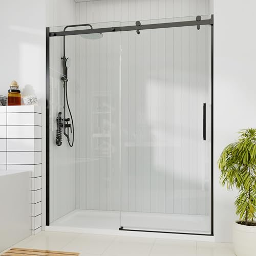 Hasipu Frameless Shower Door,Double Sliding Stainless Steel Hardware 56-60 W x 72 H - Shower Glass Door with 5/16（8mm） Clear Tempered Glass Openable Base Design for Direct Cleaning，Black