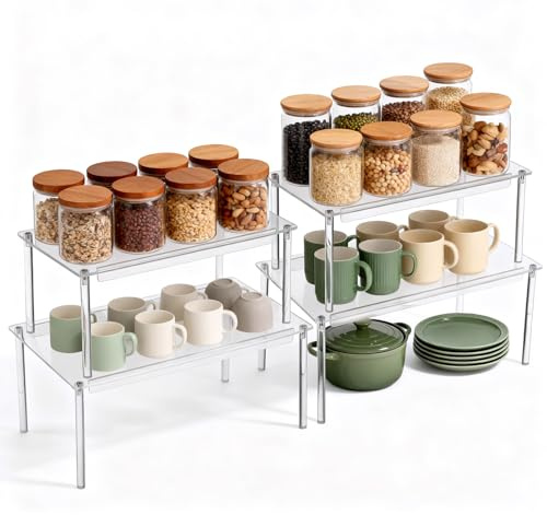 Zourglow 4 Stück Clear Küchen Organizer, Küchenschrank Organizer | Erweiterbar und Stapelbar, Acryl Regal Küche Regaleinsatz für Arbeitsplatte, Schrank, Bad, Home Deco