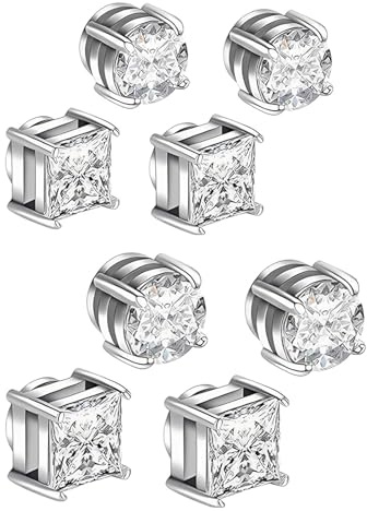 4 Pairs Magnetic Earrings for Men, Fashion Jewelry Accessories for Daily Wear and Special Occasions, Non-Piercing Magnetic Clip On Earrings(Round and Square, 6mm and 8mm Sizes)