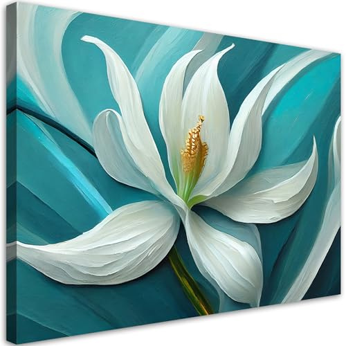 Feeby Wandbilder - Bilder Schlafzimmer - Lilie Blume Türkis wie gemalt - 115x75 1tlg - Wohnzimmer Bild Groß - Wohnungs - Foto Geschenk - Leinwand Wall Art - Wand Deko