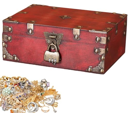 AXVRAV Vintage Holz Schatztruh, 24 X 17 X 9.5cm Aufbewahrung Schatzkiste mit Schloss, Schatztruhe Kindergeburtstag für Aufbewahrung Kindergeburtstag Dekoration Geschenke (Rouge vintage)