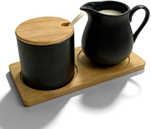 BORDEAG Milch und Zucker Set, 260ml Zuckerdose Milchkännchen, Milchkanne Zuckerdose, Milchkännchen Schwarz Keramik und Zuckerdose mit Holz Tablett Deckel und Löffel für Küche und Café, Matt Schwarz