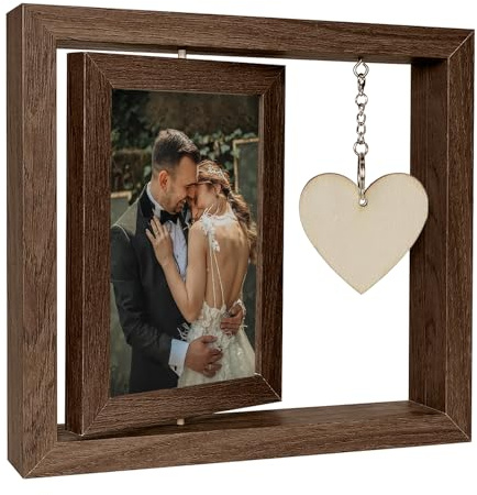 xolear Madera Marco de Fotos 10x15cm Giratorio 360° con Colgante de Corazón | Cuadros Personalizados con Foto, Marco de Fotos Doble Cara para Regalos Cumpleaños Bodas Acción de Gracias, Marrón