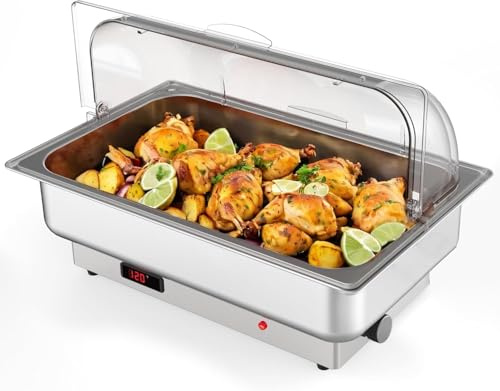 Scaldavivande elettrico da 600 W, scaldavivande in acciaio inox con coperchio arrotolabile in policarbonato, scaldavivande per buffet, spina europea da 220 V, per feste e ristoranti.