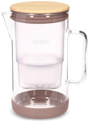 Lauben 25GW Wasserfilter Kanne Glas 2,5 l, Filterkanne aus Borosilikatglas, Wasserkaraffe mit 4-Stufen Filtration gegen Kalk, Chlor & Schwermetalle, 1 Filterkartusche, Bambusdeckel, Edelstahl