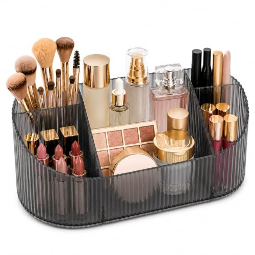 Kysren Make Up Organizer Transparent, Kosmetik Organizer mit 5 Fächern, Acryl Pinselhalter Kosmetik Aufbewahrung für Schminktisch Badezimmer, Grau