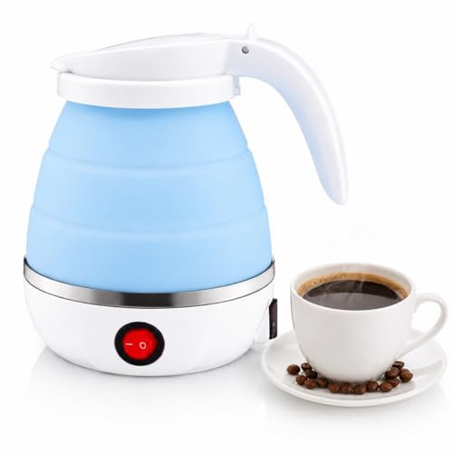 Collapsible Silicone Travel Kettle, Portable Mini Electric Water Boiler with Auto Shut Off, Food-Grade Small Foldable Hot Water Kettle for Travel Camping Hotel