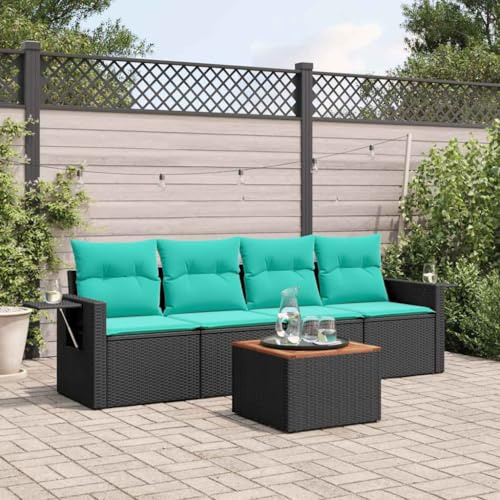 sephironlbb Set di 5 divani da giardino in polyrattan nero, con gruppo di sedute, mobili modulari, in rattan resistente alle intemperie, con cuscino e schienale, per terrazza, balcone e uso esterno