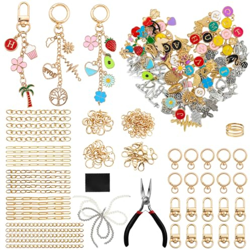 SunburOcea 326 Stück DIY Schlüsselanhänger Basteln Charms Anhänger Set | Schlüsselanhänger Selber Machen, Klein Keychain Making Kit mit Schmuckzange für Taschenanhänger
