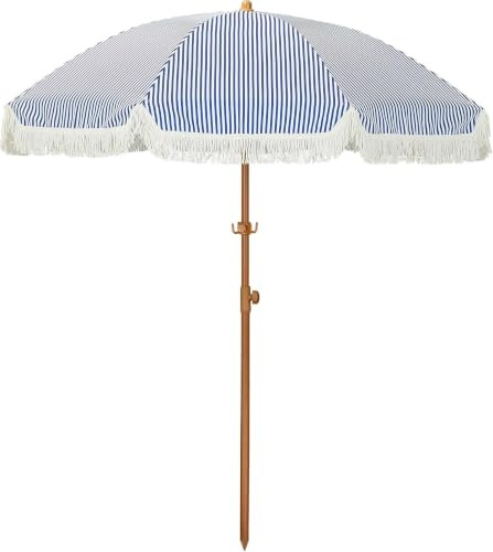 HOMEDEMO Parasol de plage à franges 200 cm, adapté jardin, marché et terrasse, rond Rayures Bleues Blanches avec housse de protection, protection UV50+