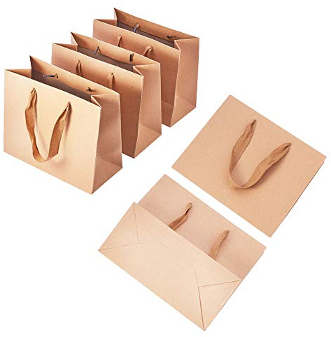 PandaHall 10pcs Pack Kraftpapier Einkaufstaschen Papiertüten mit Griffen, Geschenktüten, Partytaschen, Einzelhandelstaschen, Warentaschen, Hochzeitstaschen, 22x18x10cm