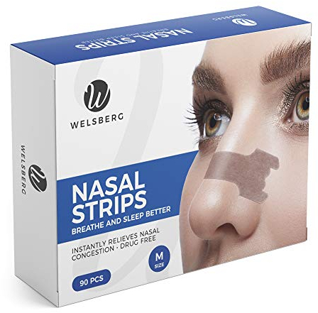 Welsberg 90 Stück Nasenstreifen Anti-Schnarch-Hilfe, Schnarchstopper-Pflaster, Nasenverstopfung Lindern, Besser Atmen im Schlaf Sport, Nasenpflaster für Männer Frauen, Größe M, 55x16 mm