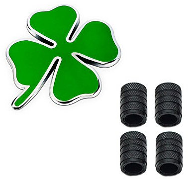 HIGGER 1 pz 3D metallo fortunato trifoglio logo distintivo autoadesivo emblema adesivo + 4 pezzi stile zigrinato con tappi valvola di plastica nucleo per universale car styling accessori decorativi