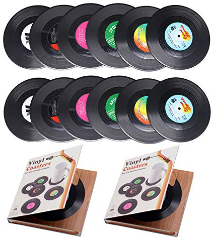 Personalised 12 PCS Retro CD Record Vinyl Anti-Heat/Slip Drinks Coasters for Coffee Tea Beer Mug Wine Glass BottleTabletop Protection from Water Marks & Damage Home and Bar