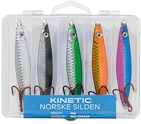 Norske Kinetic Silden - 5er Pilker-Set, in 5 Farben und Gewichten von 25g, 40g und 60g, auffällige Aktion, inkl. Box (5er Pilker-Set 60g)