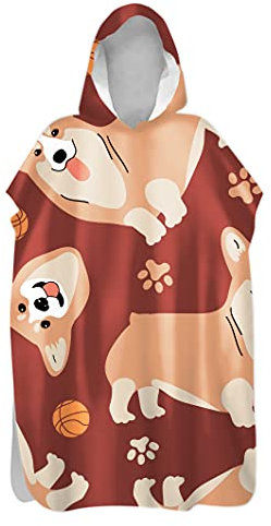 Badeponcho Strand Poncho Strandtücher Handtuch, Treer Poncho mit Kapuze Schnelltrockend Hund Tier Drucken Bademantel Badetuch Duschtücher Für Wassersport (80x145cm,Dunkelrot Hund)