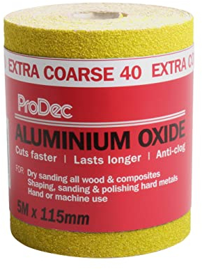ProDec 5m Roll 40 Grit Extra Coarse Grade Yellow Aluminium Oxide Abrasive Sanding Paper for Sanding Wood, Paint, Plaster, Filler, Metal and More, 115mm Wide Sandpaper