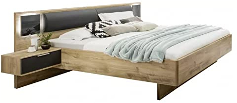 DEINE TANTE EMMA K99141 Valencia Eiche Nb. / Graphit grau Bettanlage Doppelbett Schlafzimmer inkl. Nachtkommoden 180 x 200 cm