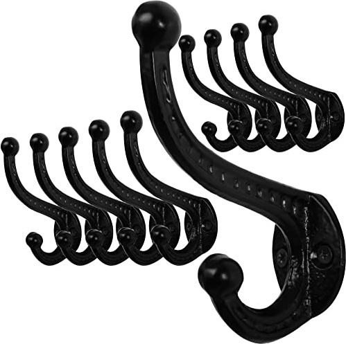 WEBI Kleiderhaken Wand Gusseisen,Garderobenhaken Vintage,Metall Wandhaken Rustikal,Mantelhaken,Huthaken,Doppelhaken für Mantel,Jacken,Hut,Schwarz,10 Stück
