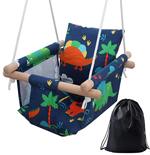 PELLOR Wooden Baby Swing Seat with Backrest and Safety Harness, Adjustable Handmade Swing Seat for Toddler Indoor & Outdoors (Green Blue)