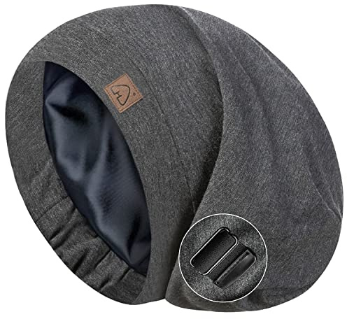 Hat Hut Silk Satin Sleep Cap Bonnet Hair Cover for Sleeping Silk Lined Beanie Hat for Natural Curly Hair Adjustable Night Cap (Dark Grey 1)