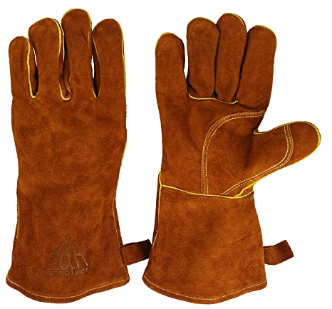 HHPROTECT Welding Gloves Oven Heat Resistant Fire Proof Gauntlets Leather Working Gloves for Fireplace BBQ Welder Grill Oven Stove Tig Work Mitts - 14IN
