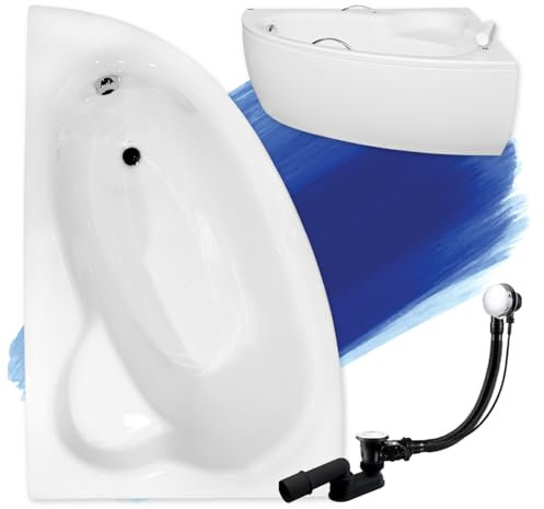 BADLAND Original Weiß Acryl Wanne Badewanne Eckbadewanne NATALIA PREMIUM 150x100 KOMPLETTSET SET mit Weiß Acryl Schürze + Handgriffen Füßen und Premium Chrom Automatik Ablaufgarnitur Made in EU 5in1