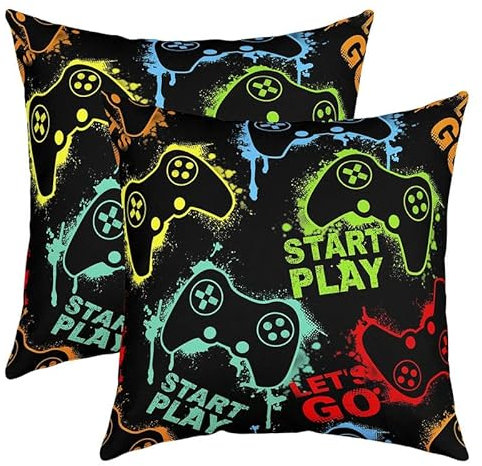 Feelyou Set of 2 Gamer Throw Pillow Covers, Video Game Controller Cushion Case for Home Living Room Decor, Reversible Watercolor Gaming Decorative Throw Cushion Case, 18x18 Inches