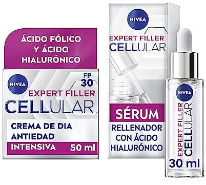 NIVEA Hyaluron Cellular Expert Filler Crema de Día FP30 (1 x 50 ml) + Sérum Rellenador (1 x 15 ml), con Ácido Hialurónico y Ácido Fólico, Crema Antiedad Hidratante Rellenador de Arrugas