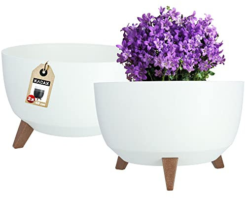 KADAX Vaso Rialzato in Plastica per Piante da Interno ed Esterno, Coprivaso Decorativo con Piedistallo Simil-Legno (Set di 2: 39.5 cm, Bianco)