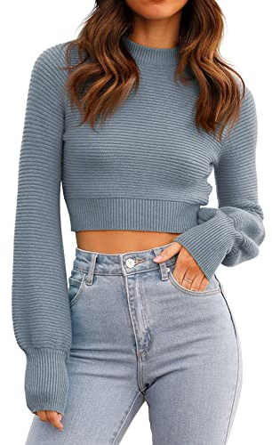 GeGekoko Womens Jumpers Sweatshirt Sexy Crew Neck Cropped Sweaters Ribbed Knit Long Sleeve Crop Tops Pullover