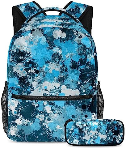 VAPOKF School Bag Set for Teen Girls Boys Kids, Student Bookbag Backpack Rucksack with Pencil Case for Primary Secondary Junior High School - Blue Paint Splatter Texture