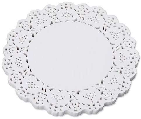 COMNICO 150 Stück Runde Papierdeckchen, Weiß Papier Spitzendeckchen Kuchenverpackung Pads für Hochzeit, Geburtstag, Kuchen, Desserts, Geschirr Lebensmitteldekoration (21,6 cm)