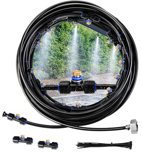Air Cooling System, Mist Cooling System 26Ft(8M) Misting Line with 11Brass Mist Nozzles, Outdoor Misters Cooling System for Patio, Garden Umbrellas, Lawn, Greenhouse Trampoline Waterpark
