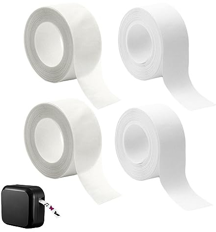 Vasemele 4 Rollen Thermoaufkleber Etiketten (Weiße und Transparente Farben) Thermo-Klebeetiketten Kontinuierlich Thermopapier Namensschilder für Kleidung Etikettenband Klebeband 16 mm x 4 m