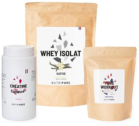 Nutripure | Pack Prise de Muscles | Whey Isolate Native + Créatine Monohydrate Gélules + Pre Workout (EAA, BCAA) | Idéal pour Musculation, Prise de Masse Musculaire, Fatigue Musculaire | Goût Vanille