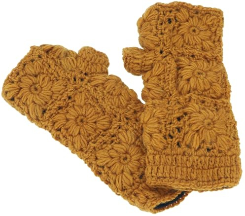 GURU SHOP Gehäkelte Handstulpen Blümchen, Armstulpen aus Schurwolle, Pulswärmer, Herren/Damen