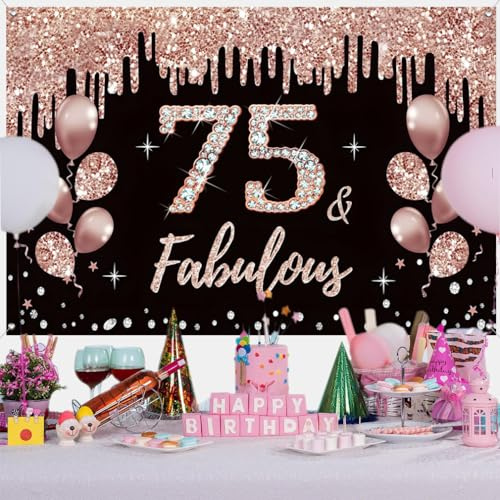 75. Geburtstag Deko für Frauen, 75 Geburtstag Dekoration Schwarz und Roségold Glitzerflecken Stoff Schild Plakat Hintergrund Banner Frau 75 Geburtstagsfeier Deko