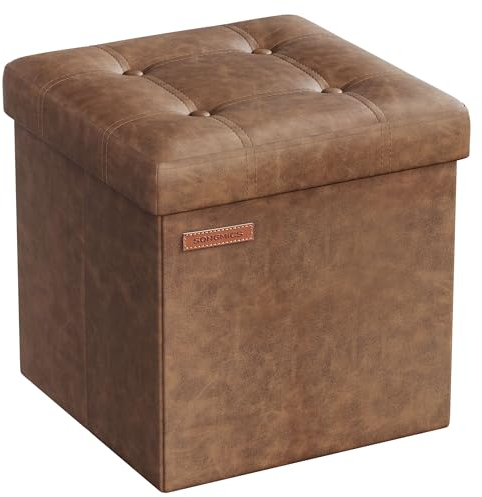 SONGMICS Puff Almacenaje de 38 cm, Banco de Almacenamiento Plegable con Tapa, Reposapiés, Cuero Sintético, Carga de 300 kg, para Entrada, Sala de Estar, Dormitorio, Marrón Café LSF030K11