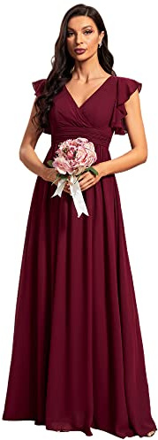 Ever-Pretty Vestido de Noche Largo Elegante para Boda Cuello en V A-Line Ball Gowns Mujeres Halter Vestidos de Novia de Gasa Burdeos 36