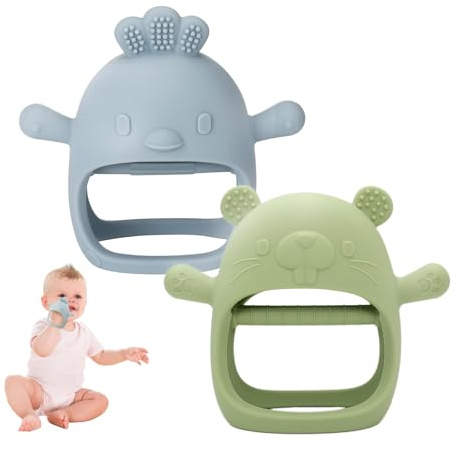 Anneau de dentition en silicone pour bébé - 2 pièces réfrigérant de 0 à 12 mois, jouet sensoriel en forme de moufle (bleu+vert)