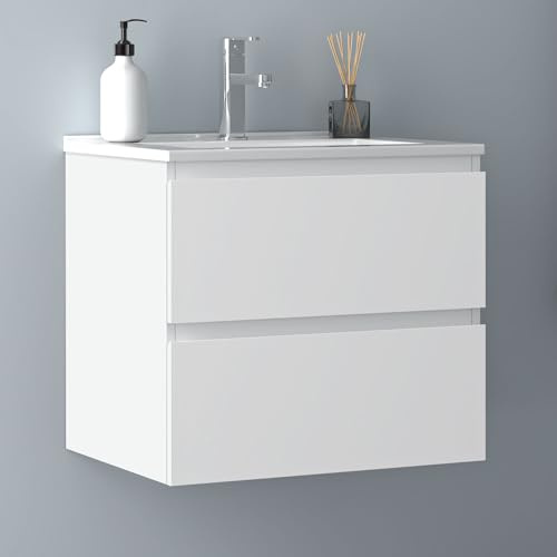 Biubiubath Badezimmermöbel 60cm Dünn Keramik Waschtisch mit Unterschrank Badmöbel Set Badezimmerschränke mit 2 Soft-Close Schubladen Weiß Matt