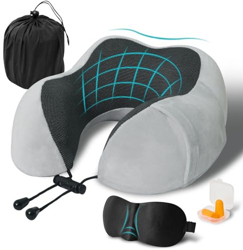 FANHOMAS Nackenkissen Flugzeug, Reisekissen Memory Foam, U-förmiges Travel Neck Pillow Nackenhörnchen Erwachsene mit Schlafmaske und Ohrstöpsel Mitbringen für Flugzeug Auto Büro - Grau