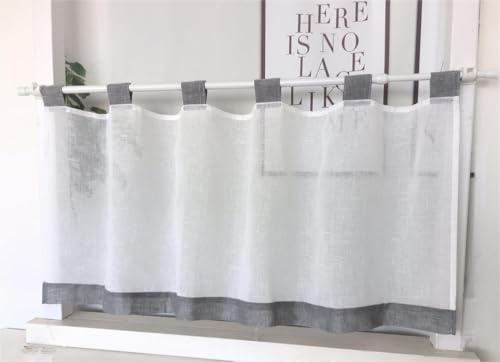 Vordesack Leinenoptik Scheibengardine mit farbigen Schlaufen HxB 60x90cm | Kurzstore Kleinfenster Küchengardine Halbtransparenter Fensterbehang Landhausstil für Küche, Bad und Café 1 Stück Grau